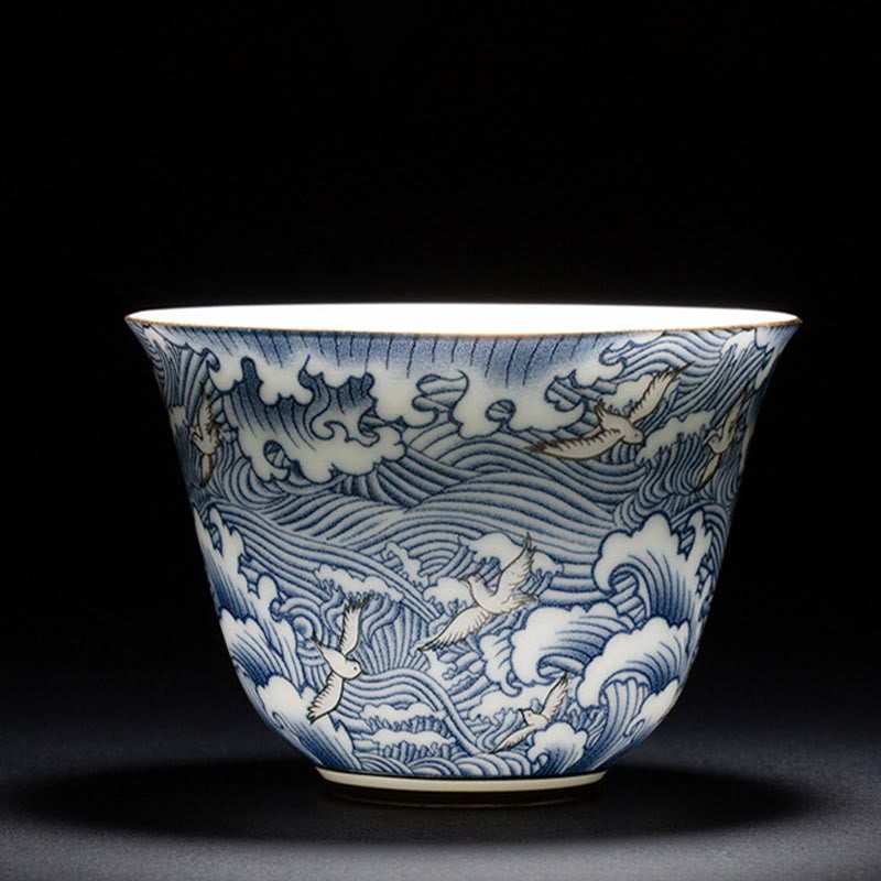 Orchid 70ml Ceramic Chinese Tea Cup with Blue Sea Waves