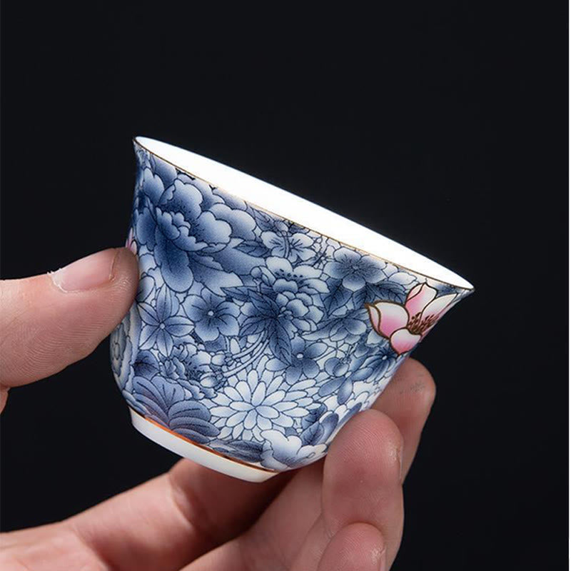 Orchid 70ml Ceramic Chinese Tea Cup with Blue Sea Waves