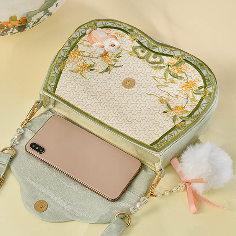 Osmanthus Rabbit Embroidery Crossbody Bag with Pearl Chain