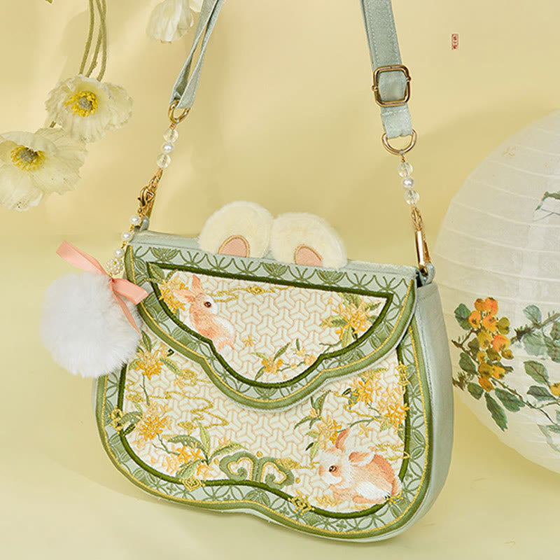 Osmanthus Rabbit Embroidery Crossbody Bag with Pearl Chain