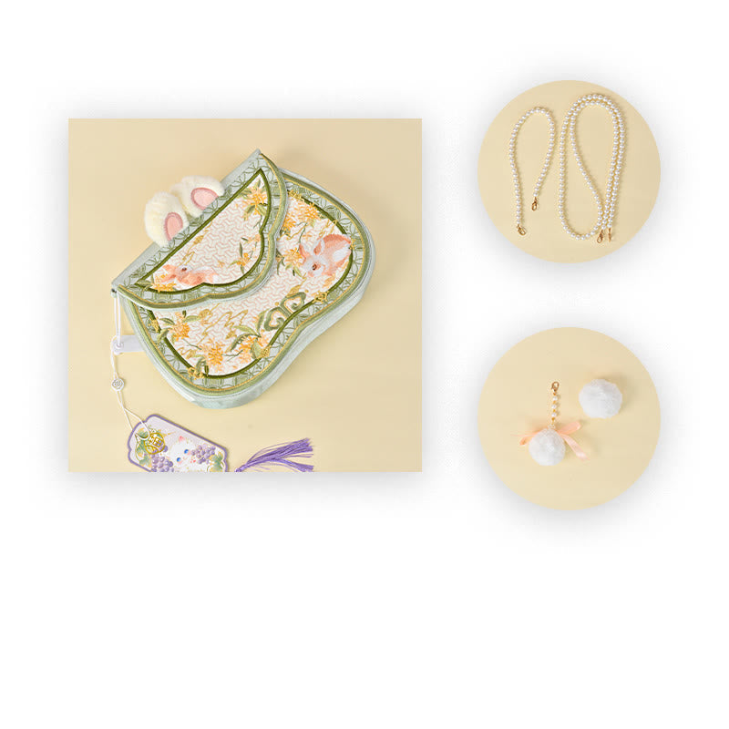 Osmanthus Rabbit Embroidery Crossbody Bag with Pearl Chain