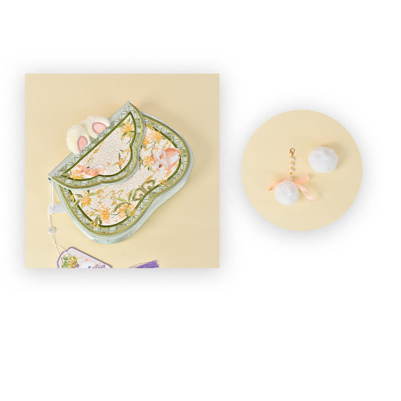 Osmanthus Rabbit Embroidery Crossbody Bag with Pearl Chain
