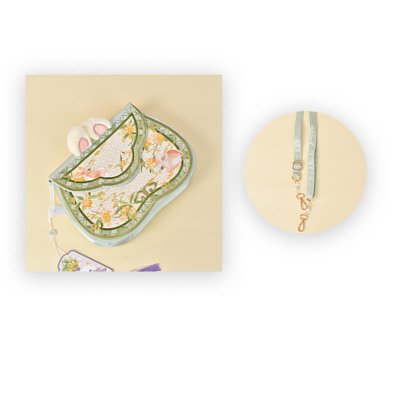 Osmanthus Rabbit Embroidery Crossbody Bag with Pearl Chain