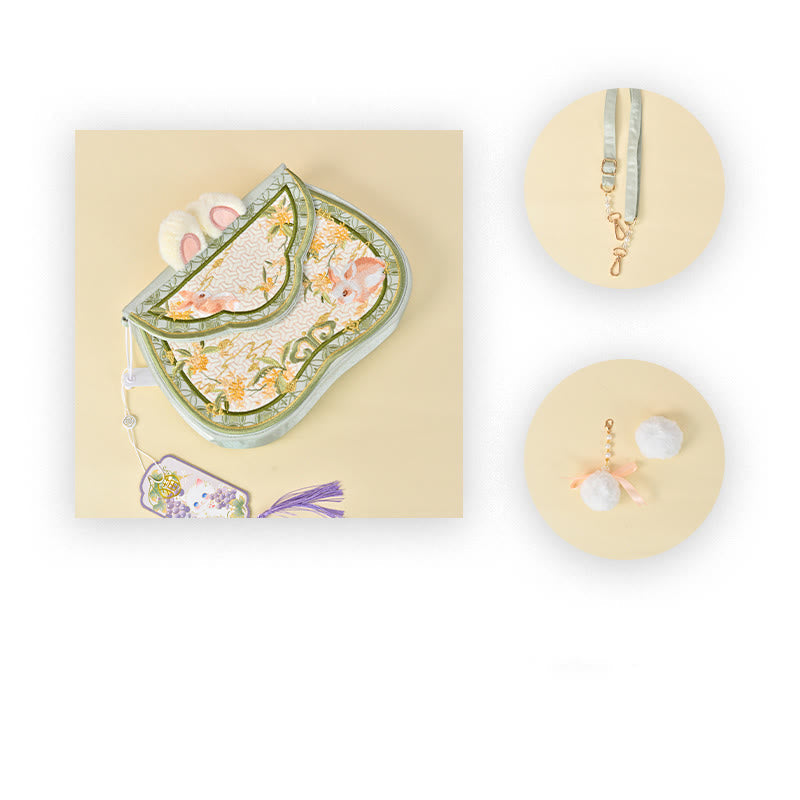 Osmanthus Rabbit Embroidery Crossbody Bag with Pearl Chain