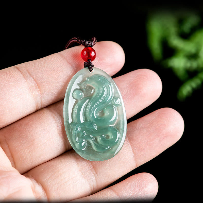 Oval Jade Snake Necklace Pendant for Luck & Protection
