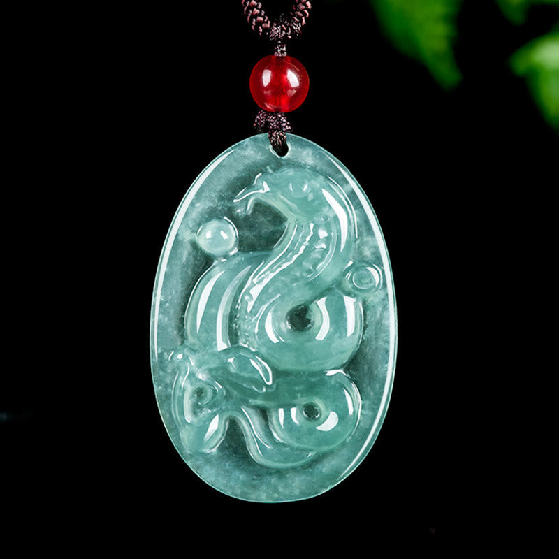 Oval Jade Snake Necklace Pendant for Luck & Protection