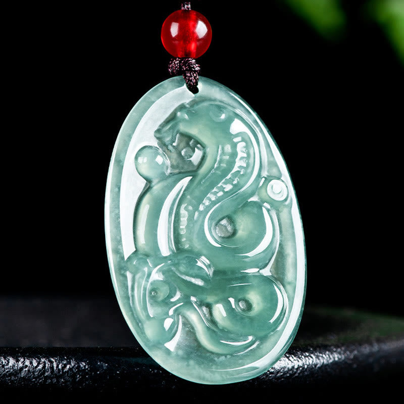 Oval Jade Snake Necklace Pendant for Luck & Protection