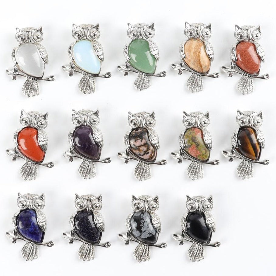 Owl Pendant Spiritual Necklace with Natural Gemstone 1.3 inch