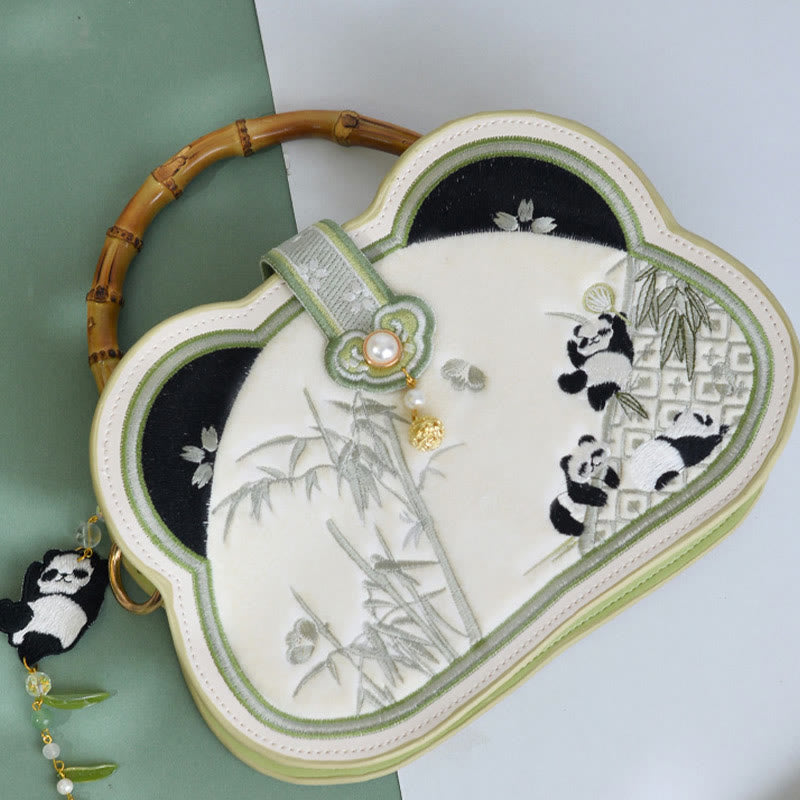 Panda Bamboo Embroidery Pearl Chain Crossbody Bag 19.5cm