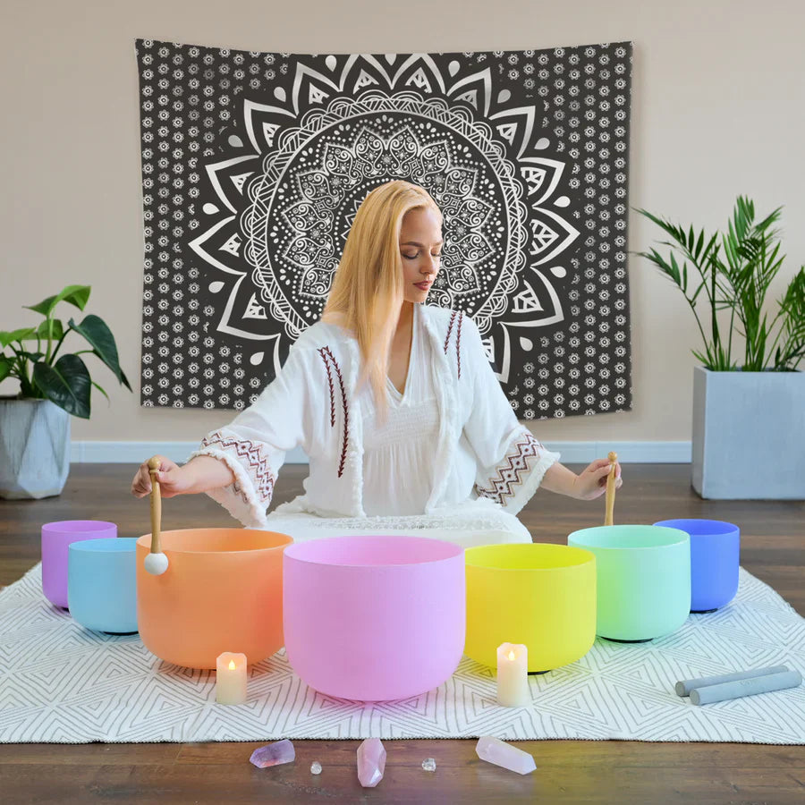 Pastel Crystal Singing Bowl Set arranged in rainbow order for meditation and healing