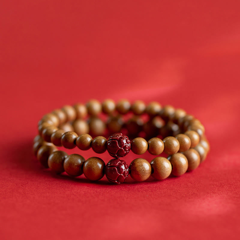 Peach Wood Cinnabar Lotus Bracelet for Luck & Wealth