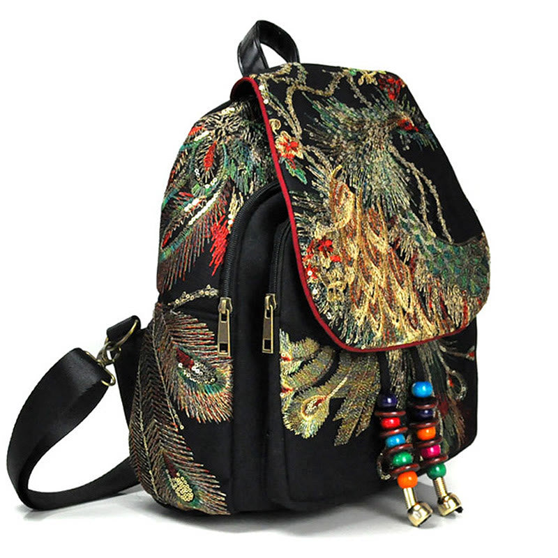 Peacock Embroidery Canvas Tassel Backpack for Spiritual Use