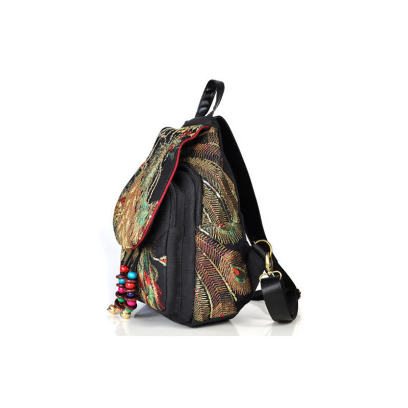 Peacock Embroidery Canvas Tassel Backpack for Spiritual Use