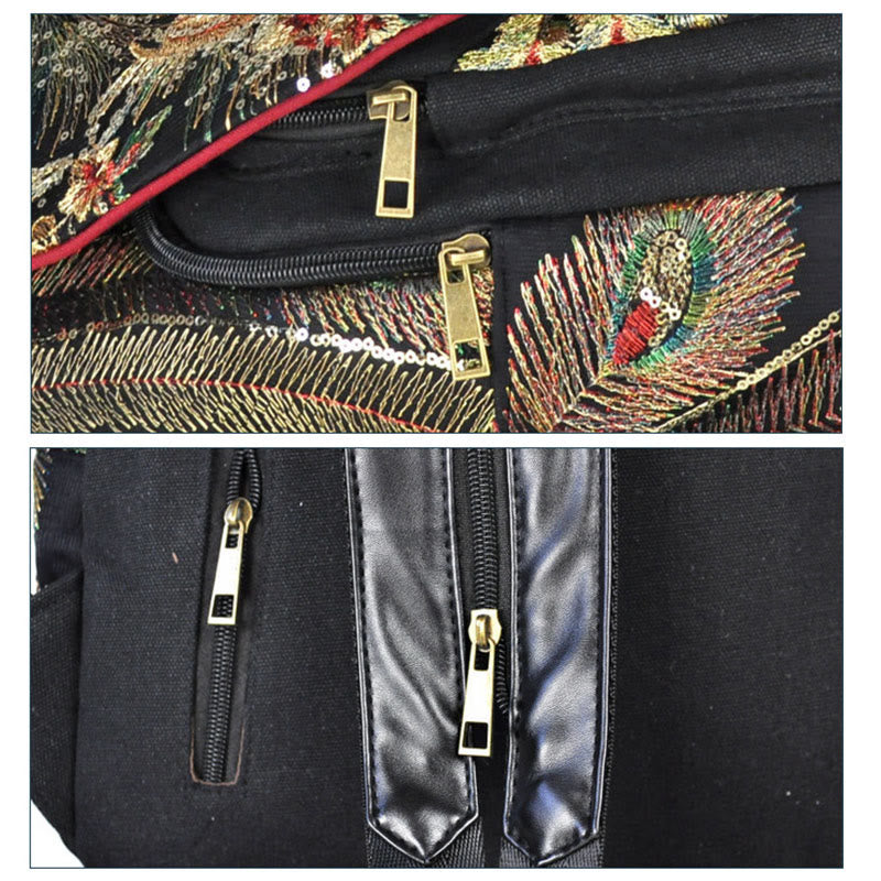 Peacock Embroidery Canvas Tassel Backpack for Spiritual Use