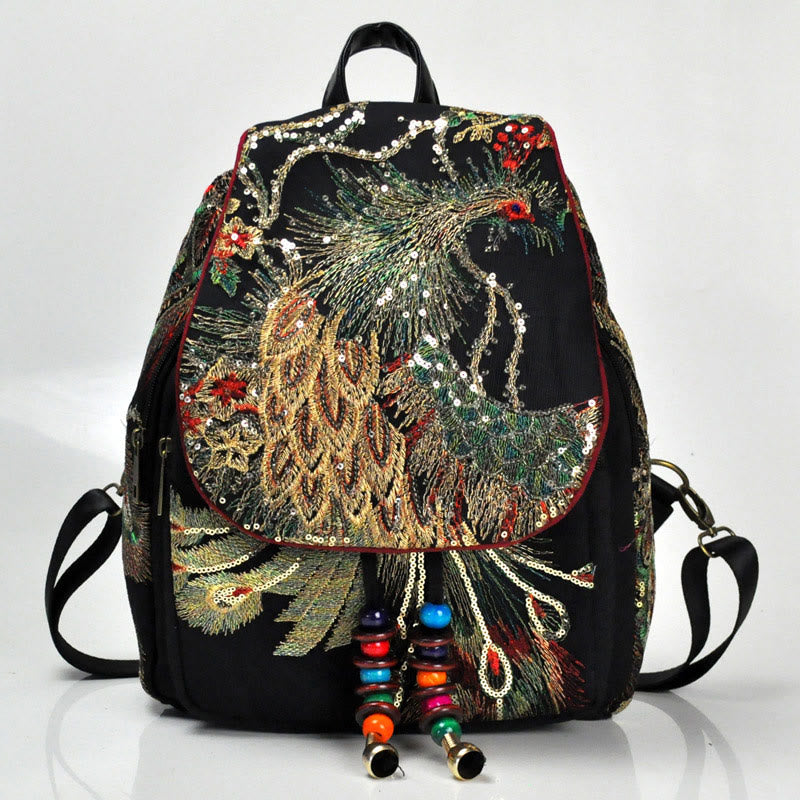 Peacock Embroidery Canvas Tassel Backpack for Spiritual Use