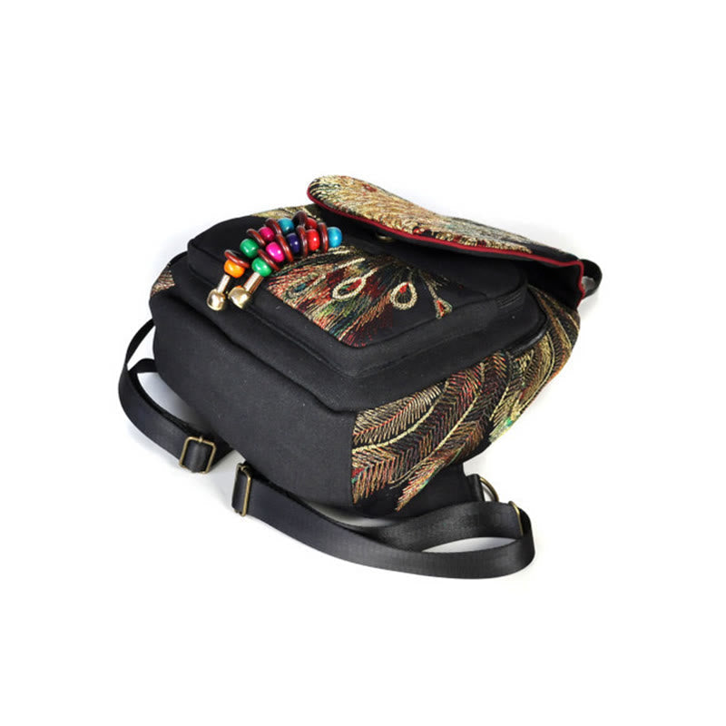 Peacock Embroidery Canvas Tassel Backpack for Spiritual Use