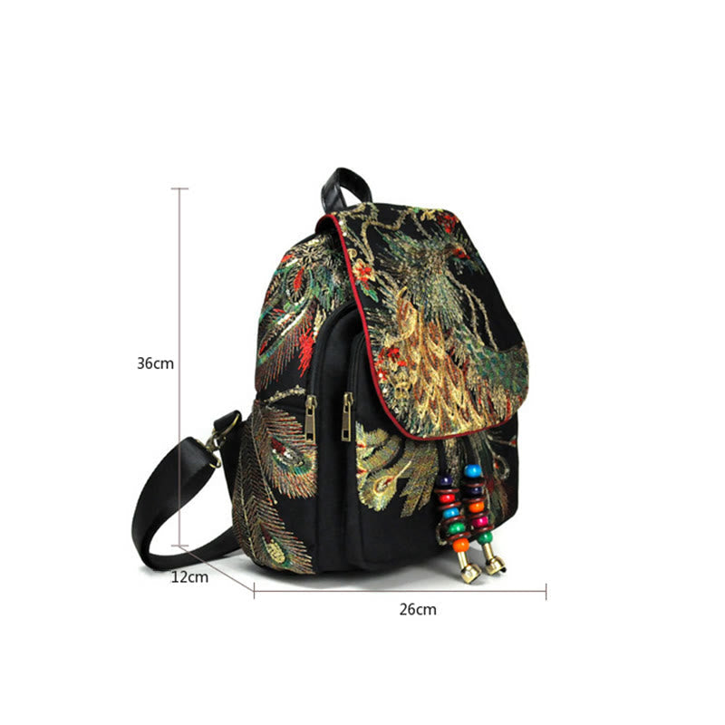 Peacock Embroidery Canvas Tassel Backpack for Spiritual Use