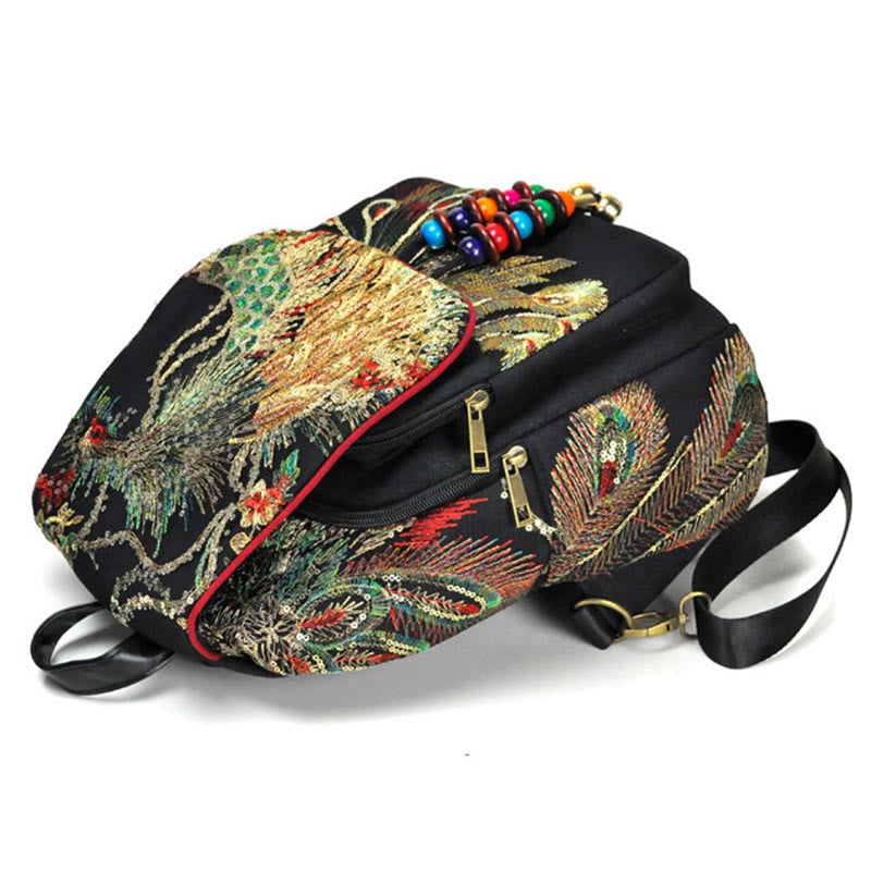 Peacock Embroidery Canvas Tassel Backpack for Spiritual Use