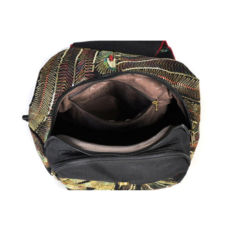 Peacock Embroidery Canvas Tassel Backpack for Spiritual Use