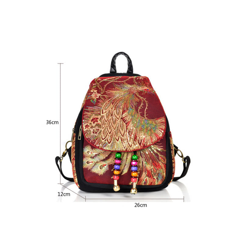 Peacock Embroidery Canvas Tassel Backpack for Spiritual Use