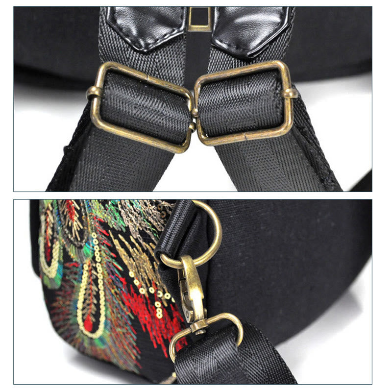 Peacock Embroidery Canvas Tassel Backpack for Spiritual Use