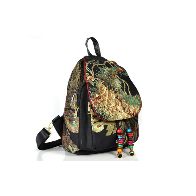 Peacock Embroidery Canvas Tassel Backpack for Spiritual Use