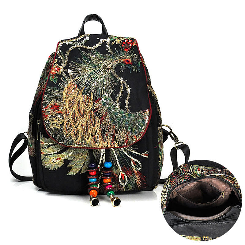 Peacock Embroidery Canvas Tassel Backpack for Spiritual Use
