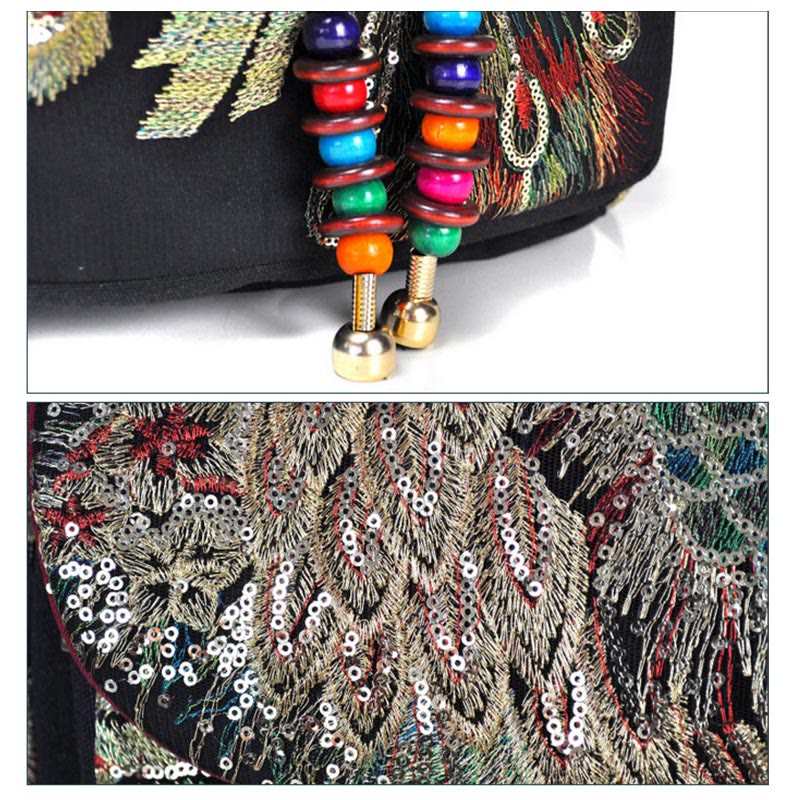 Peacock Embroidery Canvas Tassel Backpack for Spiritual Use