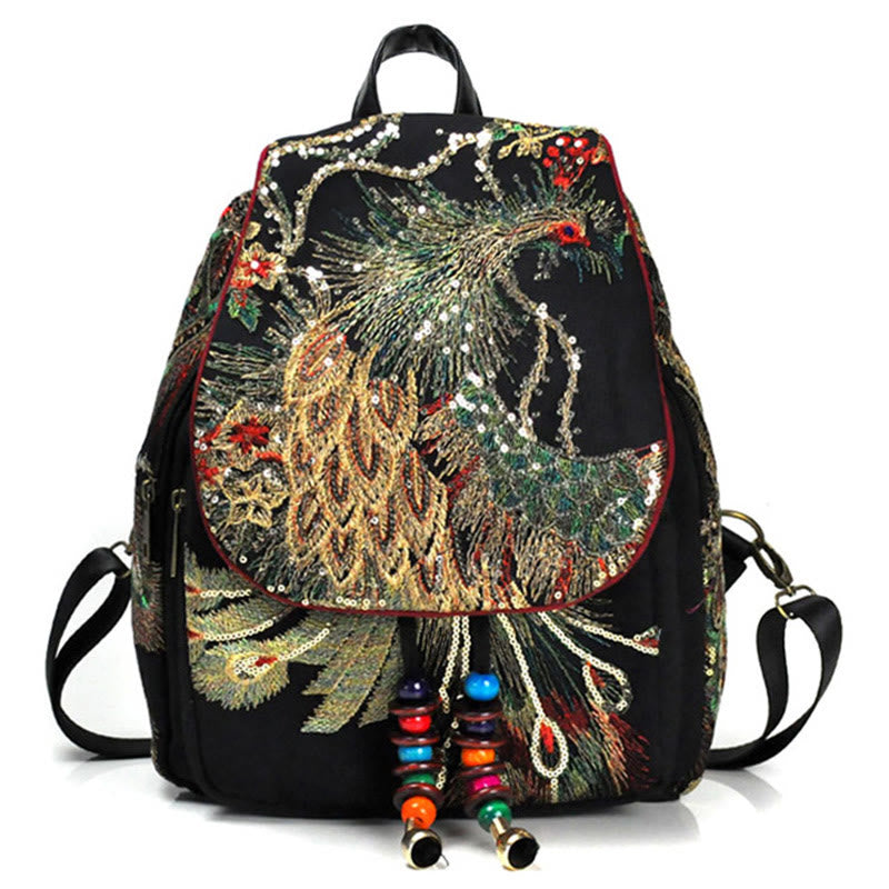 Peacock Embroidery Canvas Tassel Backpack for Spiritual Use