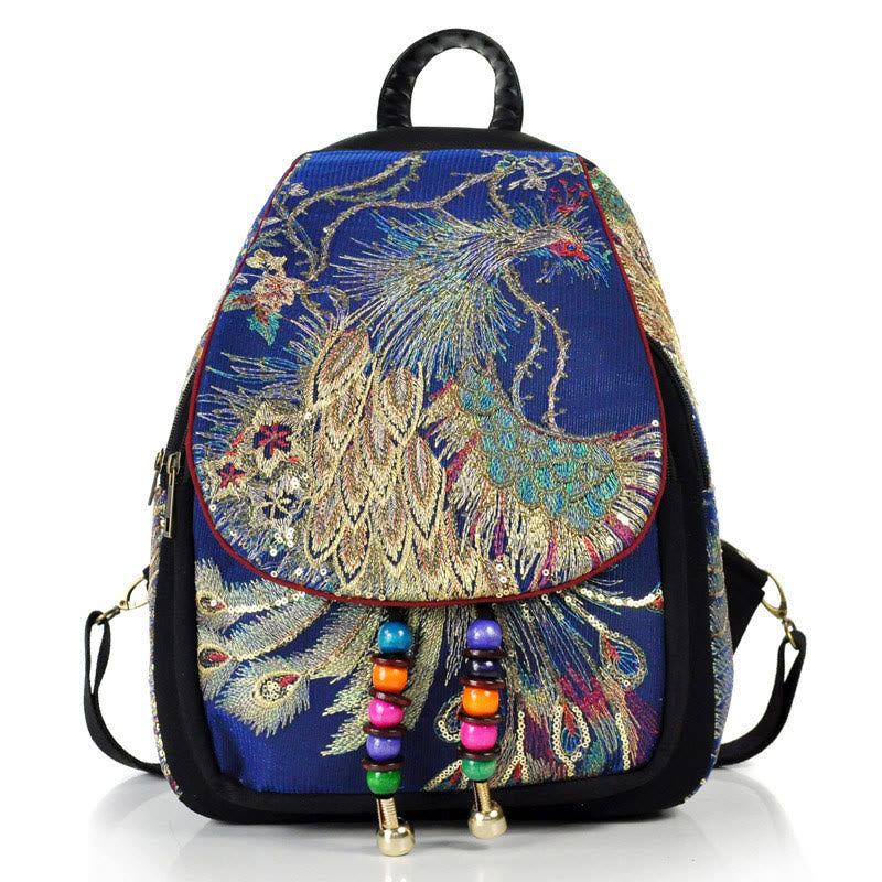 Peacock Embroidery Canvas Tassel Backpack for Spiritual Use
