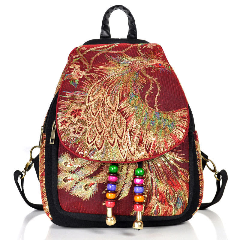 Peacock Embroidery Canvas Tassel Backpack for Spiritual Use