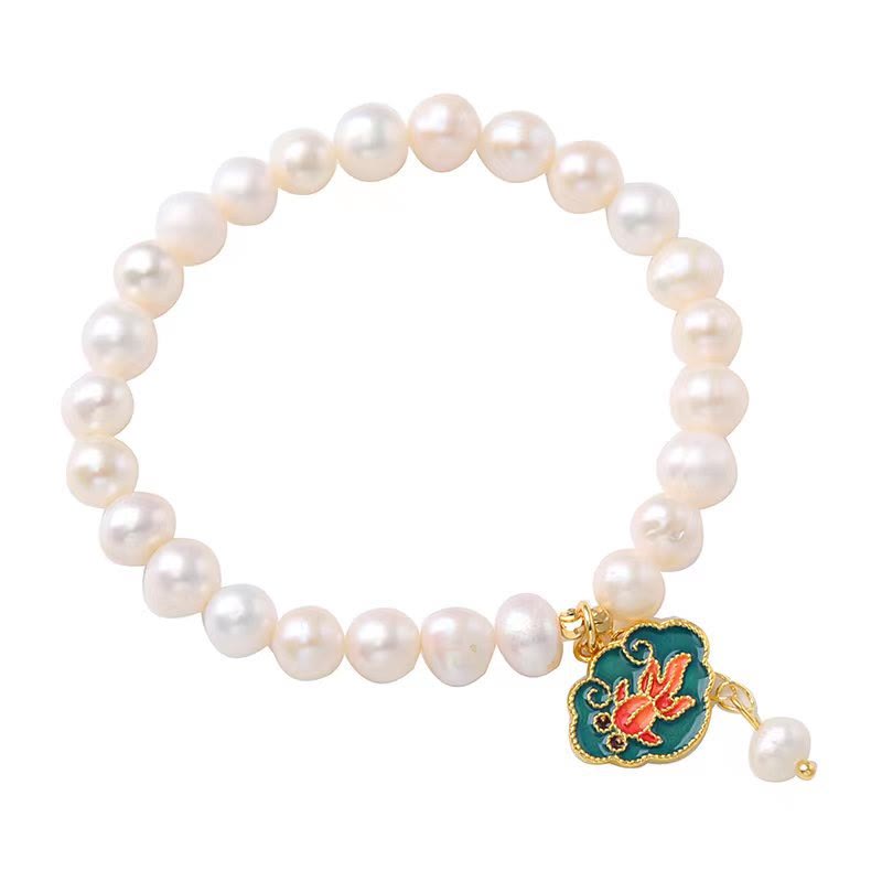 Pearl Bracelet with Lotus and Koi Fish Charm for Optimism