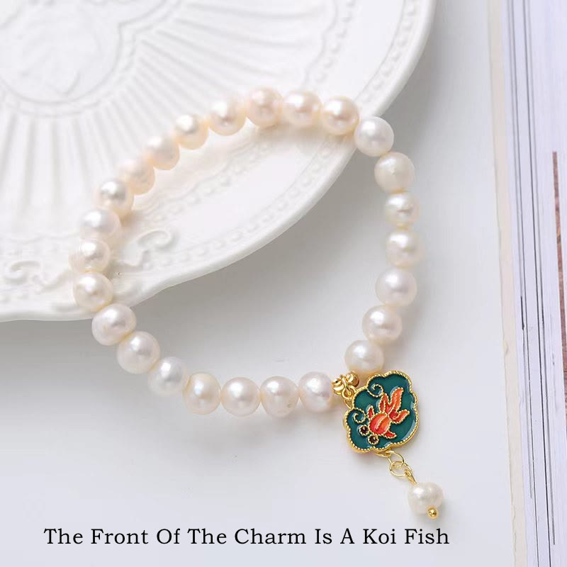 Pearl Bracelet with Lotus and Koi Fish Charm for Optimism