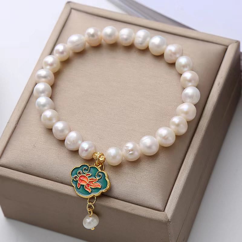 Pearl Bracelet with Lotus and Koi Fish Charm for Optimism