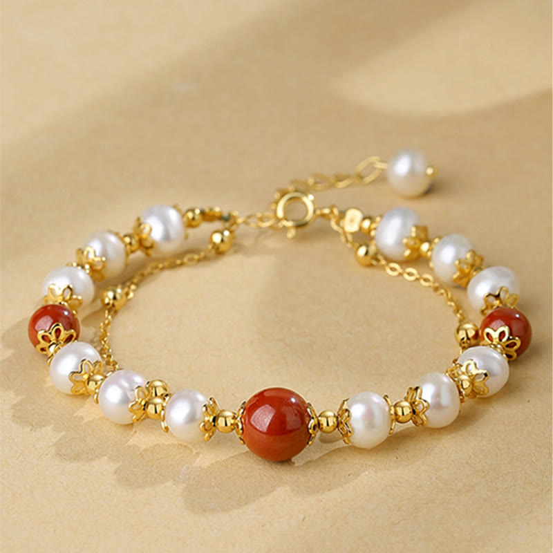 Pearl Cinnabar 925 Silver Wisdom Double Layer Chain Bracelet