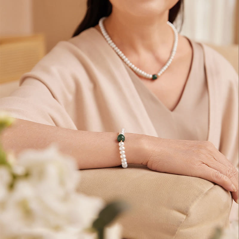 Pearl Hetian Jade & Aquamarine 42cm Necklace Bracelet