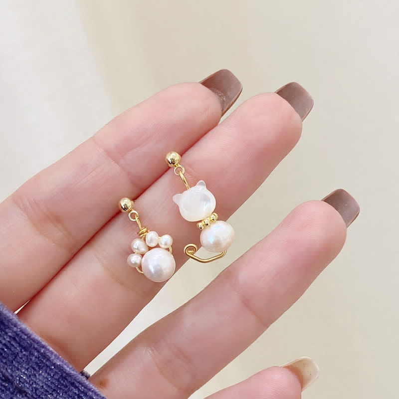 Pearl Wisdom Stud Earrings with Cat Paw Design