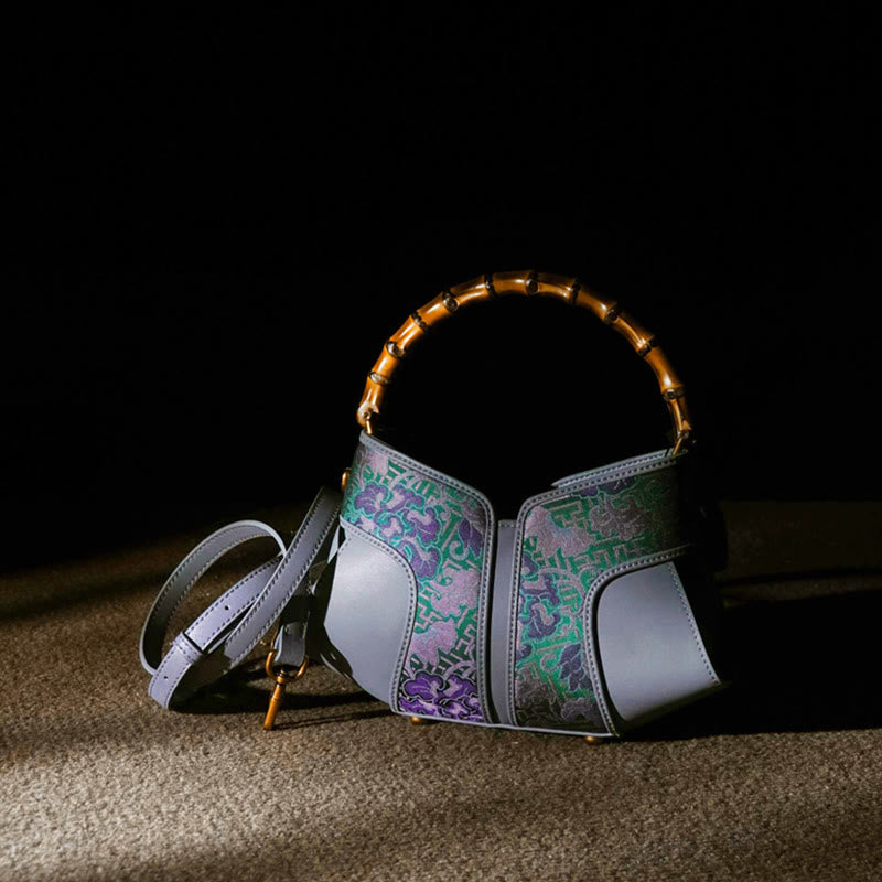 Peony Bamboo Handle Crossbody Bag in Song Brocade Silk