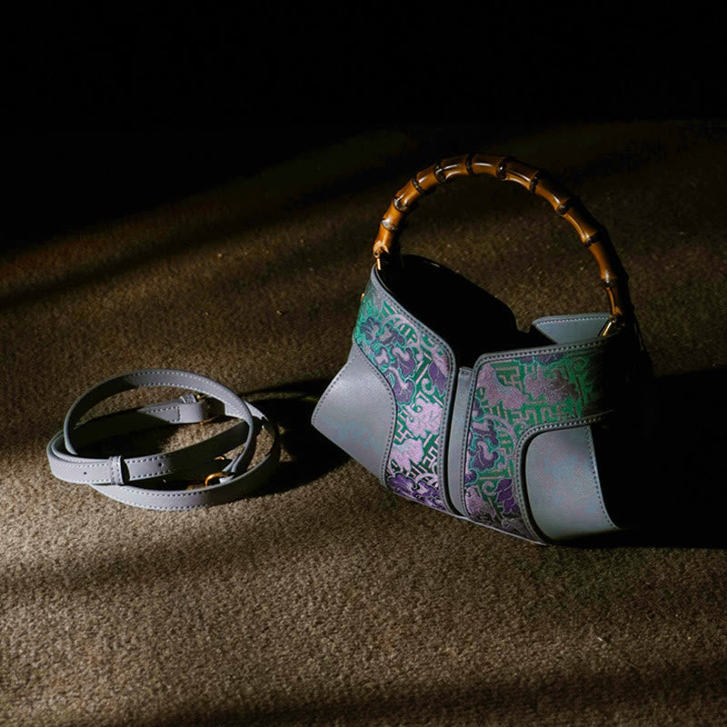 Peony Bamboo Handle Crossbody Bag in Song Brocade Silk