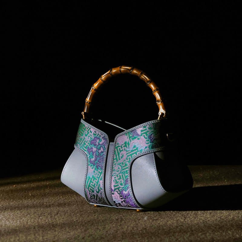 Peony Bamboo Handle Crossbody Bag in Song Brocade Silk