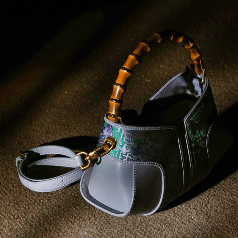 Peony Bamboo Handle Crossbody Bag in Song Brocade Silk