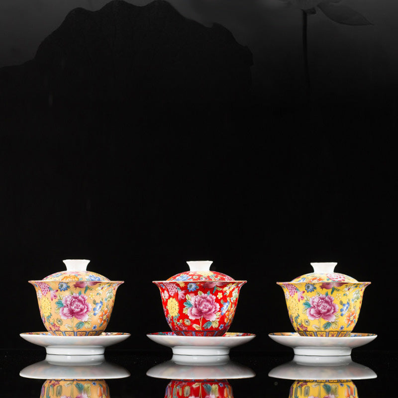 Peony Ceramic Gaiwan Sancai Teacup 9.5cm Meditation