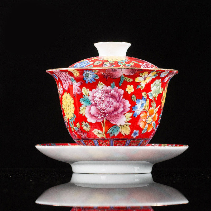 Peony Ceramic Gaiwan Sancai Teacup 9.5cm Meditation