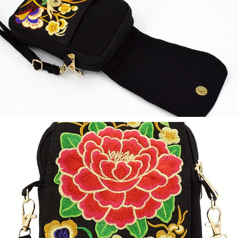 Peony Embroidery Canvas Crossbody Bag | Yoga Bag