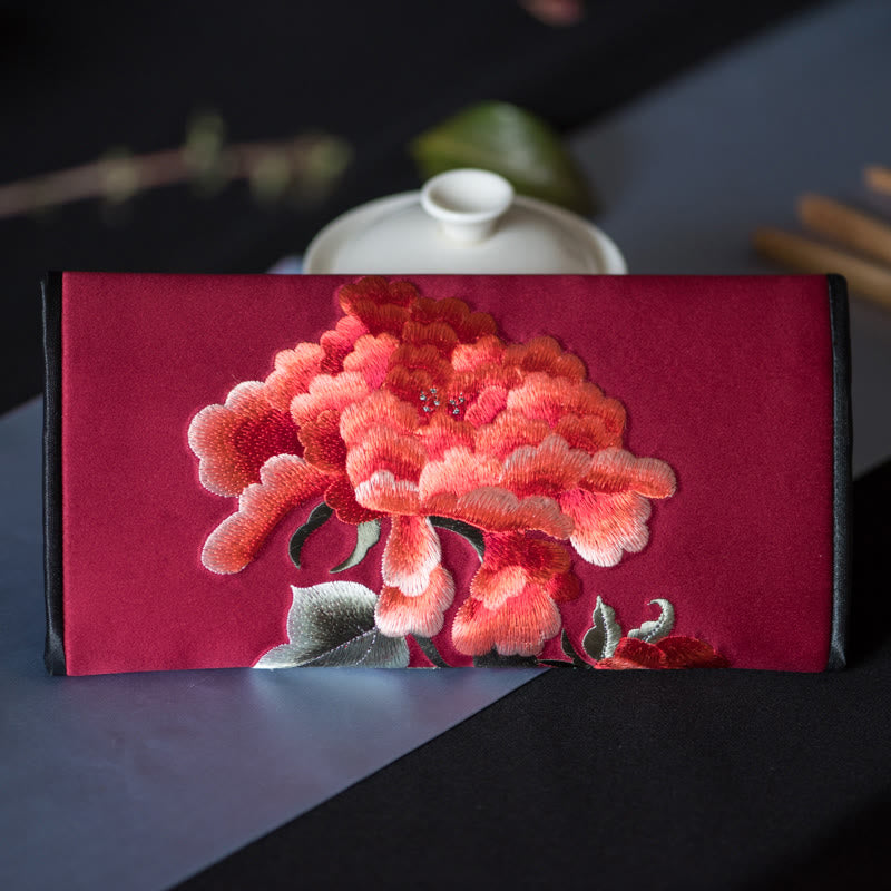 Peony Flower Embroidered Long Purse Handbag 20x10cm