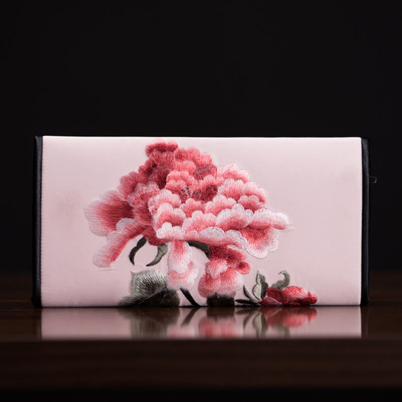 Peony Flower Embroidered Long Purse Handbag 20x10cm