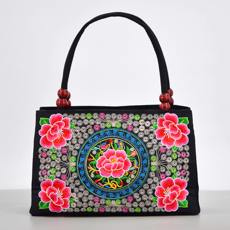 Peony Peacock Canvas Yoga Bag with Double-Sided Embroidery