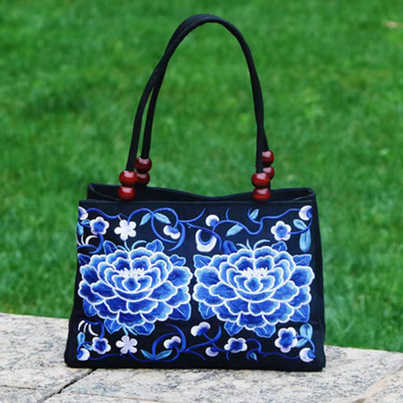 Peony Peacock Canvas Yoga Bag with Double-Sided Embroidery