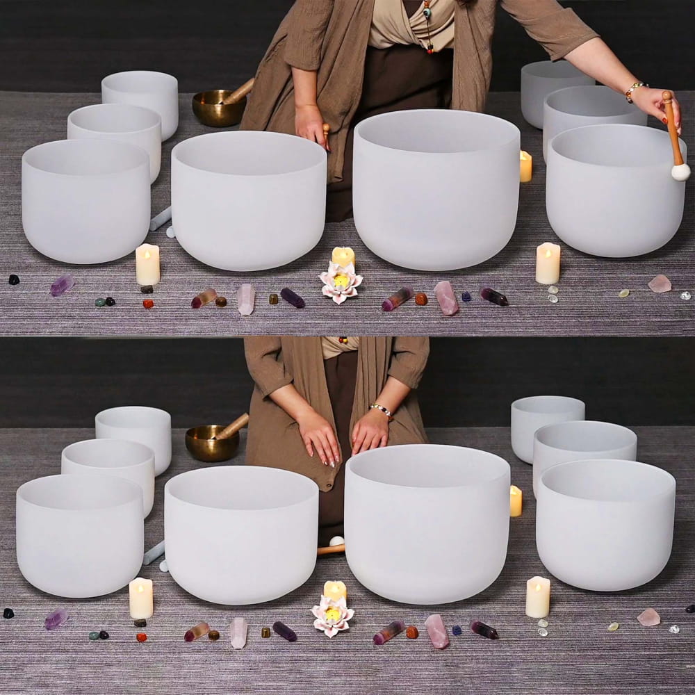 Perfect Pitch 8 PCS 7-14\’ Frosted Crystal Singing Bowl Big Full Set - 7 pcs white bowl - On sale