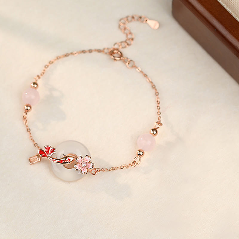 Pink Chalcedony Sterling Silver Koi Fish Peace Bracelet
